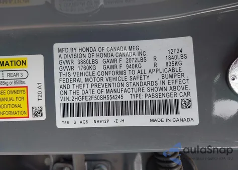 2025 Honda Civic Sport из США, поврежденный, VIN 2HGFE2F50SH554245